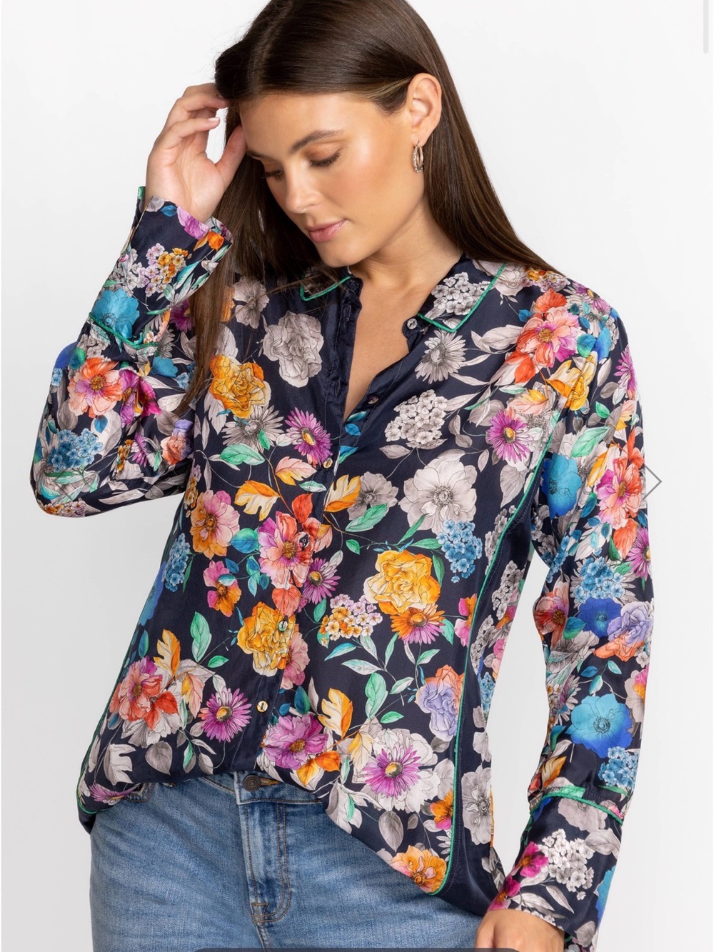 Johnny Was Fall Dancer Button Down Navy Silk Floral Long Sleeve Too Size Xl